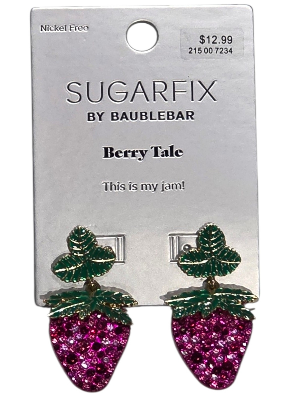 Sparkling Pink Strawberry Drop Earrings with Green Leaves - Picture 2 of 4
